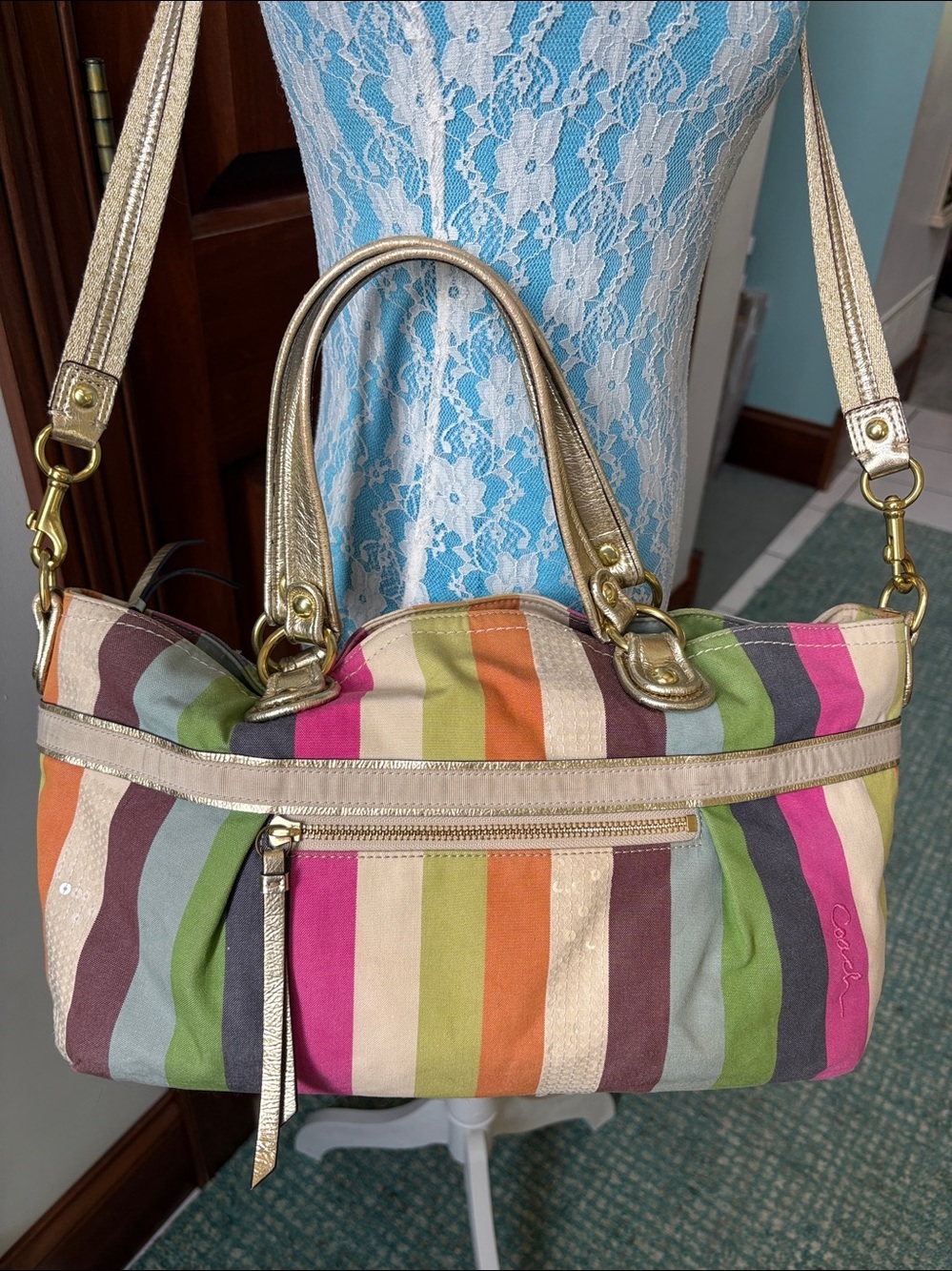 Coach  19026 poppy striped bag tote Crossbody/rhinestone chain add  gold leather